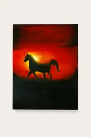 Original Horse Painting Sunset Silhouette Fiery Red Orange Hand Drawn A3 Art