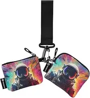 [XYMZR] Mini Zip Around Wristlet keychain Wallet Astronaut Space Colorful for Women Personalized Pattern Detachable Dual Pouch Wristlet Portable Wallet Phone Coin Purse, Multi-colored, One Size