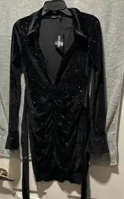 NWT Boohoo Rainbow Velvet Tie-Front Shirt Dress, NWT, Size 8