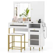 CostwayMakeup Vanity Table Modern Dressing Table and Stool Set with Mirror and Lights-White
