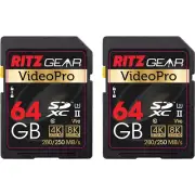 Ritz Gear 64GB High-Speed SDXC UHS-II SD Card, C10, U3, V90, HD & 8K - 2 Pack