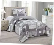 Heart Love Patchwork, 2-Piece Quilt Set with 1 Sham, Quilt Set Twin Grey