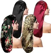 4 Pieces Satin Sleep Cap for Long Hair and Dreadlock, Extra Large 2 PCS Solid Color and 2 PCS Floral Pattern Sleeping Bonnet for Women