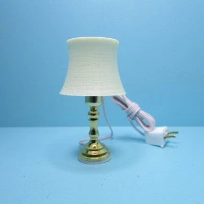 Dollhouse Miniature 12v Electric Gold Table Lamp with Beveled Shade MH757