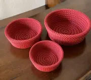 Rope Bowl - Set Of 3 Nesting Plastic Bowls Decorative Home Decor - Dark Red