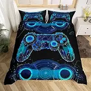 Homewish Gamer Comforter Cover Gaming Bedding Set,Video Games Duvet Cover Sets For Children Boys Girls,Gamepad Geometry Design Quilt Cover Youth Man Bedroom Decor,Single Size,Black Blue