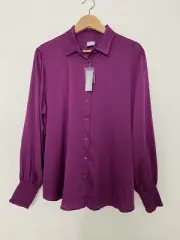 Chico's Size 3 Satin Button Up Shirt With Smocked Cuff US Size 16