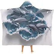 [Ausinbed] Dolphin Wearable Cloak Hooded Blanket Fleece Hooded Robe Cloak Arctic Velvet Warm Throw Quilt Poncho Soft Nap Blanket Novelty Blanket Air Conditioning Blanket,50"x60"