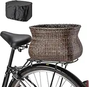 Bike Basket Rear, Handmade Rattan Bicycle Baskets with Waterproof Cover, Cruiser Bike Baskets for Women’, Retro Style Bike Baskets for Adult Bikes and Ebike