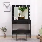 Fidel Vanity Set with Cushioned Stool and Lighted Mirror- Black Dreamo