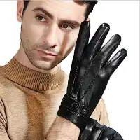 在飛比找Yahoo奇摩購物中心優惠-ego life小羊皮鈕扣縫線觸控男士保暖手套黑色 L/M款