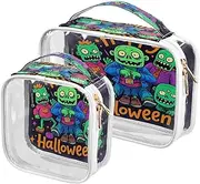 2 Pack Happy Halloween Cartoon Cute Zombie clear decorative travel toiletry bag TSA approved waterproof cosmetic bags with zipper Airport Airline Compliant para maquillaje,, Happy Halloween