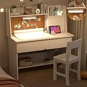 SFDOU Kids Study Desk with 3-Color Lights, White Desk and Chair Set for 5-12 Year Old, Drawing Desk with Wooden Tabletop Paper Roll Dispenser, Study Table with Drawers and Storage Shelf-HD40