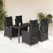 5 Piece Garden Dining Set with Cushions Black Poly Rattan, Conversation Sets