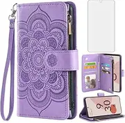 Asuwish Compatible with Google Pixel 6 Wallet Case and Tempered Glass Screen Protector Flower Leather Flip Credit Card Holder Stand Cell Accessories Phone Cover for Pixel6 Pixle Six Women Men Purple
