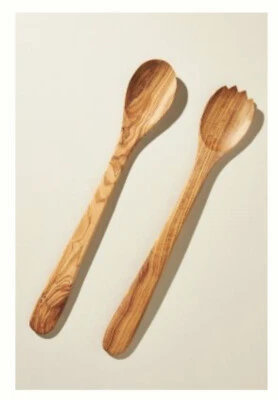 Anthropologie OLIVE WOOD Wooden Flatware Serving Set Spoon Salad Holidays NEW