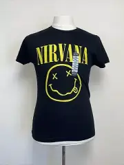Nirvana Yellow Smiley Face Black Short Sleeve Crewneck Graphic T-Shirt Size S