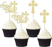 Gyufise 24Pcs God Bless and Baptism Cupcake Toppers Glitter Cross God Bless Cupcake Picks for Christian First Communion Baptism Party Cake Decorations Supplies Gold