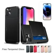 iPhone 15 14 Pro Plus Max Case Slider Wallet Card Holder Cover W/ Tempered Glass