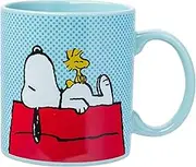 Silver Buffalo Peanuts Snoopy and Woodstock House Blue Dot Background Jumbo Ceramic Coffee Mug, 20 Ounces