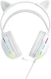 zolyet Gaming Headsets with Microphone, Noise Canceling Wired Headphones with Cartoon Cats Ear 7.1 Surround Sound Over-Ear Earphones for PC White with Cat Ear