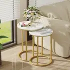 2pcs Heavy Duty Marble Stone Round Nesting Sofa Side End Table Gold Metal Frame