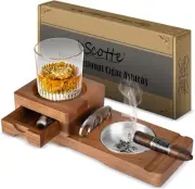 Ashtray Coaster Whiskey Glass Tray & Wooden Ash Tray with Cigar Cutter