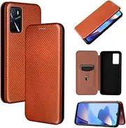 [TiHen] Compatible for Case Oppo A16S, Flip Carbon Fiber [Drop Tested] Shockproof Stand Anti Fingerprints Cover with Card Slot+Tempered Glass Screen Protector*2-Brown