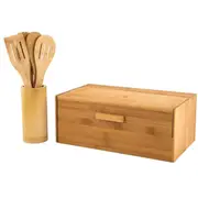 5-Pcs Bamboo Bread Bin & Utensil Set Storage Container Loaf Keeper Holder w/ Lid