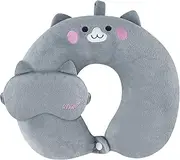 Rstigiker Travel Pillow Cute Neck for with Blindfold Portable U Shaped Head Support Camping Flight Cushion Kids, Sleeping on Airplane, Car, Train (Grey)