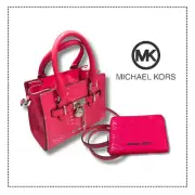 Michael Kors Hamilton XS Satchel Crossbody Bag + Card Case Wallet Electric Pink