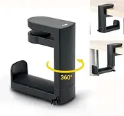 KIWIFOTOS Under Desk Headphone Stand Holder, PC Gaming Headset Hook Hanger Mount with 360 Adjustable Rotating Arm Clamp & Built in Cable Clip Black