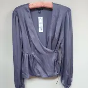 New Topshop Womens Purple Chiffon Tie Wrap Peplum Top Blouse Size 4 Long Sleeve
