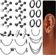[LOLIAS] 20G Cartilage Earrings Set for Women Men Surgical Steel Helix Earrings Cute CZ Opal Star Heart Snake Small Hypoallergenic Flat Back Stud Earrings Hoop Chain Dangle Conch Daith Helix Tragus