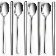 tiokin 4 Set Chopsticks and Spoons, Non-Slip Reusable Metal Chopsticks, Korean Stainless Steel Soup Spoons, Long Handle Chopstick Spoon Set for Home, Kitchen or Restaurant, Dishwasher Safe