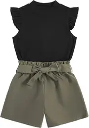 [Floerns] Girls 2 Piece Outfit Ruffle Trim Tee Top with Paperbag Waist Shorts Set