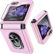 ELEPIK for Samsung Flip 6 Case with Hinge Protection, Back Screen Protector, Ring Kickstand, [Durable Leather] Slim Fit Stylish Non-Slip Protective Cover for Samsung Galaxy Z Flip 6 5G, Pink