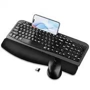 Wireless Keyboard and Mouse Combo, 2.4G Quiet Keyboard Mouse Set, Ergonomic Keyboard with Cushioned Wrist, Phone Tablet Holder, Natural Typing for Windows, Mac, Laptop, PC (Black Gray)