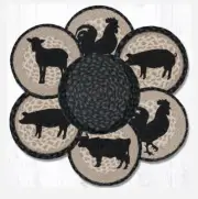 6 Braided Jute 10" Round Trivets with 1 Coordinating Basket. BARNYARD ANIMALS