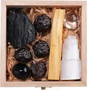 Runyangshi 9PCS Healing Crystals Set with Wooden Box - Black Tourmaline/Selenite Tower/Clear Quartz/Obsidian Tumbled Stone/Black Diamond for Purification & Protection Energy Cleaning Home Decor Gift
