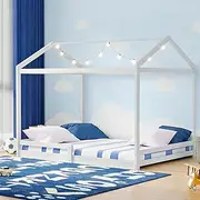 Oikiture Kids Double Bed Frame, Wooden Bed Frame with Pine Wood Timber Platform Bed Slat Support for Baby Toddler, White