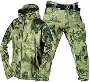 [CLSQLXYJZC] Men's Jacket and Pants Set, Camouflage Windproof Warm Wear-Resisting Hooded Ski Suit 2-Piece Set, Outdoor Sports Snowsuits with Arm Band and Belt, for Skiing, Snowmobiling, Hiking(Green,X-Large)