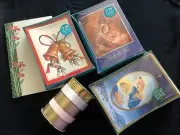 Christmas Greetings Cards 18 Boxed Set (3 Sets), Notepad And Ribbons - NEW