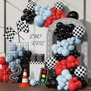 WODJR 145 Pcs Racing Car Balloon Garland Racing Car Party Decorations Racing Car Balloon Black Red Balloon Garland Arch Kit Black Red Blue Balloons Checkered Balloons for Racing Car Party Supplies