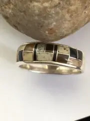 Navajo Sterling Silver Onyx & Coffee Tiger's Eye & Jasper Inlay Ring Sz 14 01709