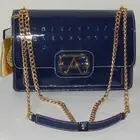 ARCADIA Genuine Patent Leather Flap Chain Crossbody Bag in Dark Blue Italy NWT