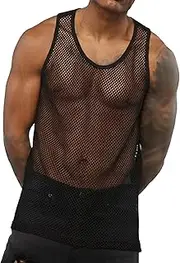 [VgueElegc] Men's Fish Net Mesh Fitted Tank Tops Fishnetted Sleeveless T-Shirt Fishnet Fitted Tank Tops for Men