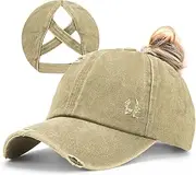 [Epsoco] Womens Criss Cross Ponytail Baseball Cap Distressed Ponytail Hat High Messy Bun Trucker Ponycap for Outdoor Sports