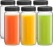 AYHOJIO Glass Juice Bottles, 16 oz Glass Bottles with Caps. Set of 6 Juice Containers with Lids for Fridge. Glasses for Juice, Cold Brew Bottles, Smoothie Jars（Black Lids）