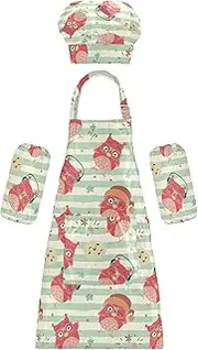 AIXIWAWA Kids Apron Chef Hat Set, Child Kitchen Bib Aprons Adjustable for Cooking Baking Painting (Cute Red Birds)